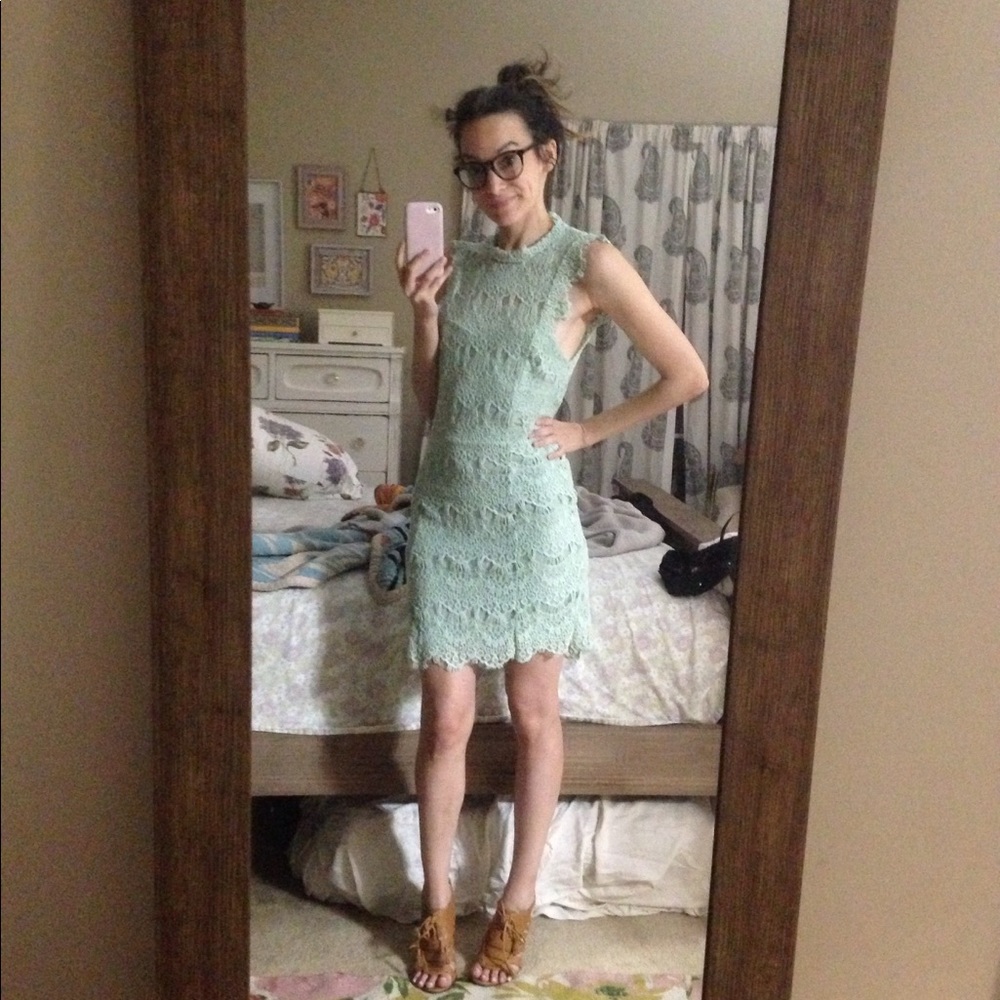 NWT Free people seafoam green sleeveless open back lacy mini dress XS